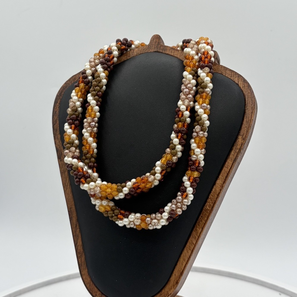 Endless Seed Bead Woven Spiral Rope Necklace Faux Pearl Amber Fall Colors - Picture 6 of 7